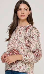Millie Cream and Burgundy 3/4 Ruffle Sleeve Blouse