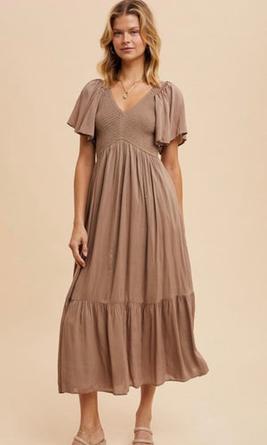 Artiste Coconut Washed Satin Empire Smocked Midi Dress