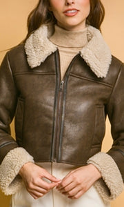 Armyn Brown Vegan Leather Shearling Contrast Side Pocket Jacket