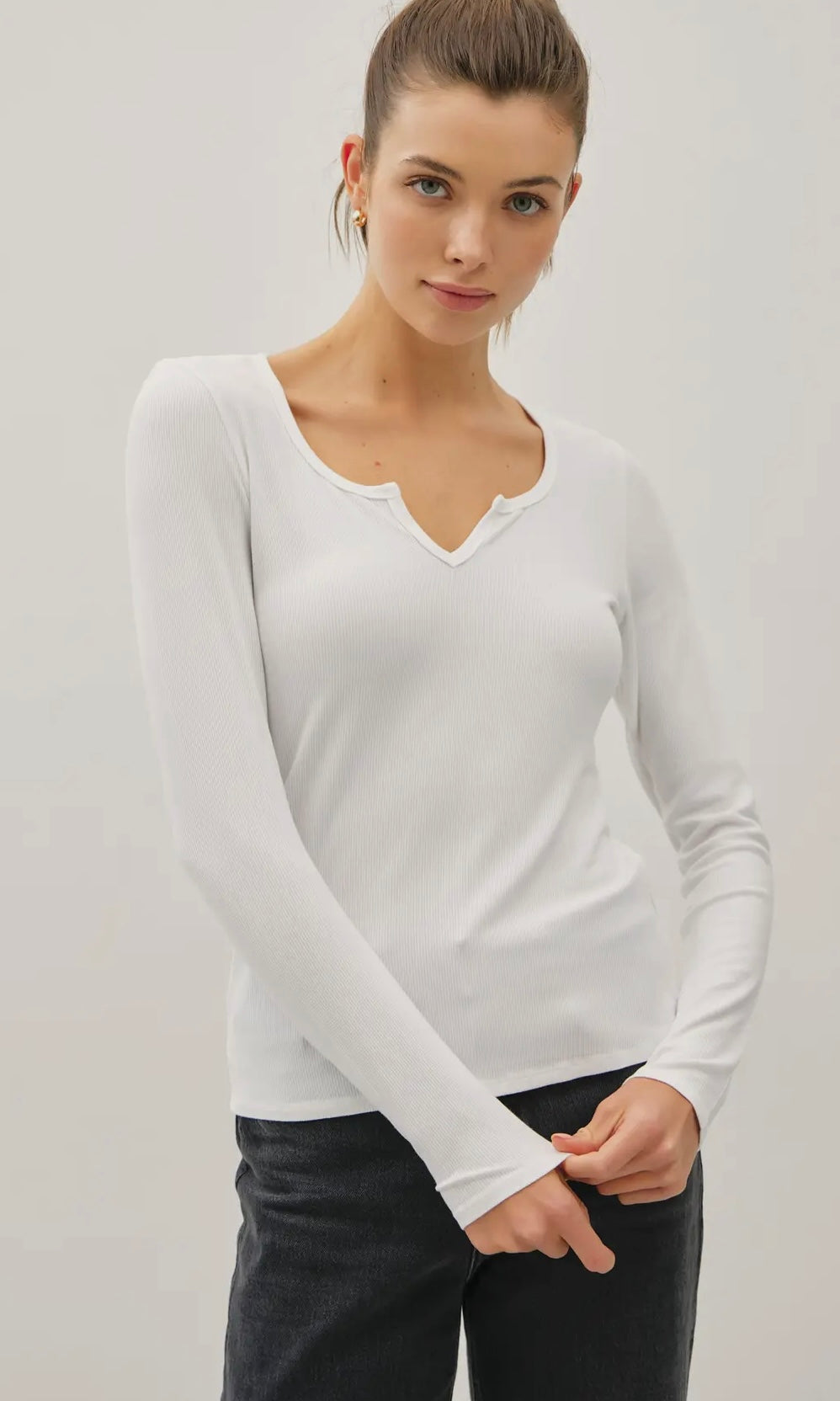 Nicole Off White Ribbed Notched Neck Longsleeve Basic Top