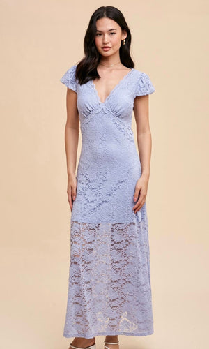Aminy Periwinkle Blue Allover Lace Open Back Maxi Dress