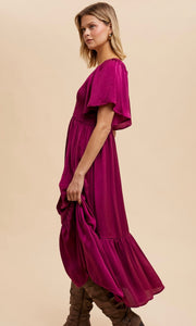 Artiste Cherry Merlot Washed Satin Empire Smocked Midi Dress