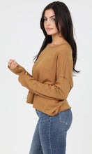 Celeste Camel Raw Edge Long Sleeve Slubby Knit Top