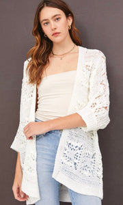 Andiya White Crochet Knit Open Cardigan Sweater Top