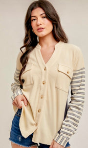 Atahny Cream / Grey Stripe Contrast Thermal Knit Shacket Jacket Top