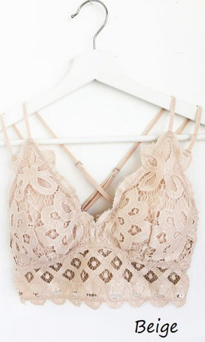 Alissa Beige Lace Trim Smocked Back Adjustable Strap Bralette