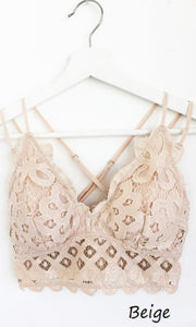 Alissa Beige Lace Trim Smocked Back Adjustable Strap Bralette