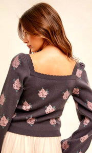 Afauna Charoal Floral Scalloped Sweater Top