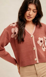 Aflara Rosewood Floral Motif Cropped Cardigan Sweater