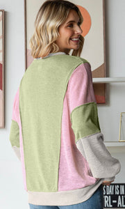 Carlia Avocado Honeycomb Knit Raw Edge Long Sleeve Top