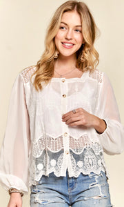 Abarn White Crochet Lace Scalloped Button Front Cardigan