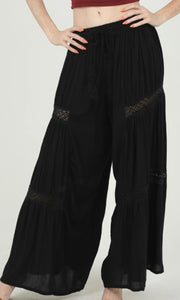 Arta Black Lace Inset Tassel Tie Drawstring Wide Leg Pants