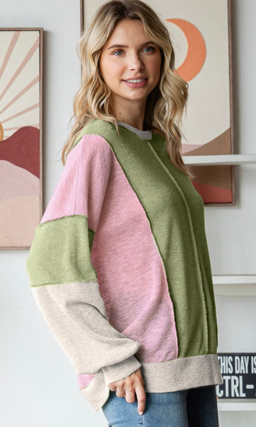 Carlia Avocado Honeycomb Knit Raw Edge Long Sleeve Top