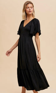 Artiste New Black Washed Satin Empire Smocked Midi Dress