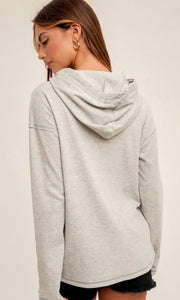 Anexa Heather Grey Plaid Contrast Texture Hoodie Knit Top