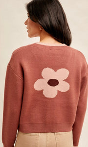 Aflara Rosewood Floral Motif Cropped Cardigan Sweater