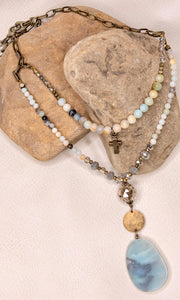 MacKenzie Amazonite Stone Pendant Charm Long Beaded Necklace