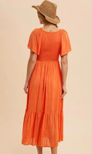 Artiste Sunset Orange Washed Satin Empire Smocked Midi Dress