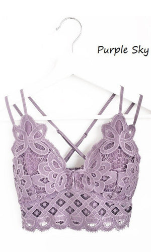 Alissa Purple Sky Lace Trim Smocked Back Adjustable Strap Bralette