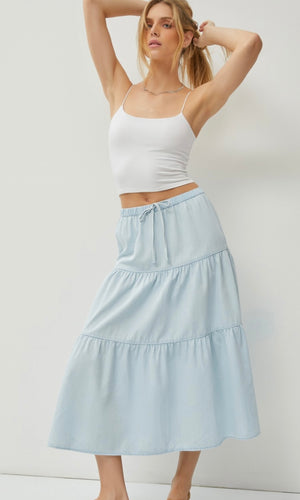 Aryla Chambray Drawstring Elastic Waist Tiered Midi  Skirt