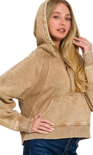 Aleay Deep Camel Acid Wah Hoodie Kangaroo Pocket Fleece Knit Top