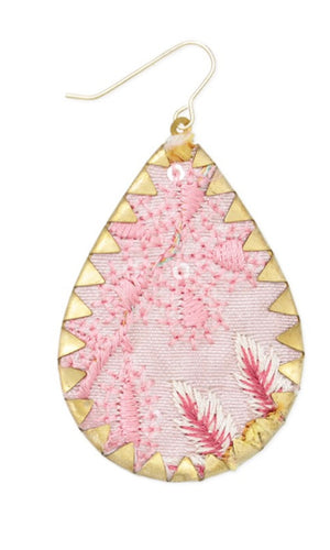 Vintage Inspired Pastel Pink  Embroidered Flower Teardrop Earrings