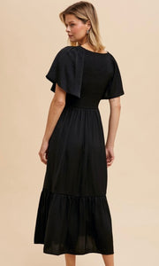 Artiste New Black Washed Satin Empire Smocked Midi Dress