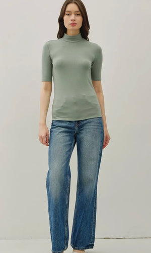 Isabella Avocado Short Sleeve Mock Neck Knit Top