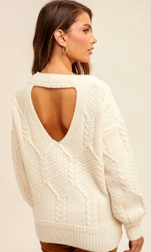 Alyse Ivory Cableknit Back Cut-Out Sweater Top