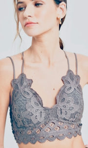 Alissa Sleet Grey Lace Trim Smocked Back Adjustable Strap Bralette