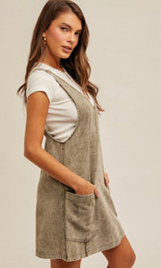 Avanda Olive Snow-Washed Overall Pocket Dress