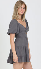 Cori Grey V Neck Twist Front Cut out Puff Sleeve Dress