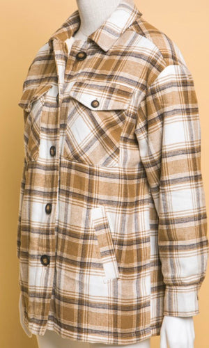 Avale Camel Plaid Sherpa Lined Side Pocket Shacket Jacket