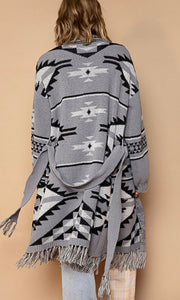 *SALE! Anika - Black Aztec Chenille Fringe Self-Tie Pocket Midi Cardigan Sweater Coat