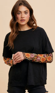 Allion Black Embroidered Mesh Two-Fer Knit Top