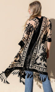 Ashay Black/Ivory Boho Beautiful Burnout Velvet Tassel Edge Kimono