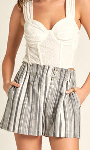 Adhya Black Stripe Cotton Gauze Elastic Waist Side Pocket Shorts