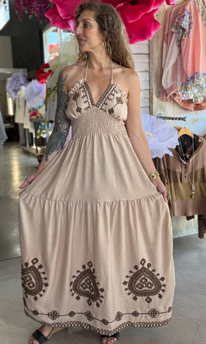 Mya Embroidey Brown Halter Maxi Dress