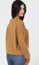 Celeste Camel Raw Edge Long Sleeve Slubby Knit Top