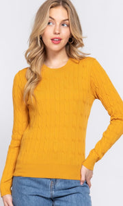 Campbell Mustard Long Sleeve Round Neck Cable Sweater