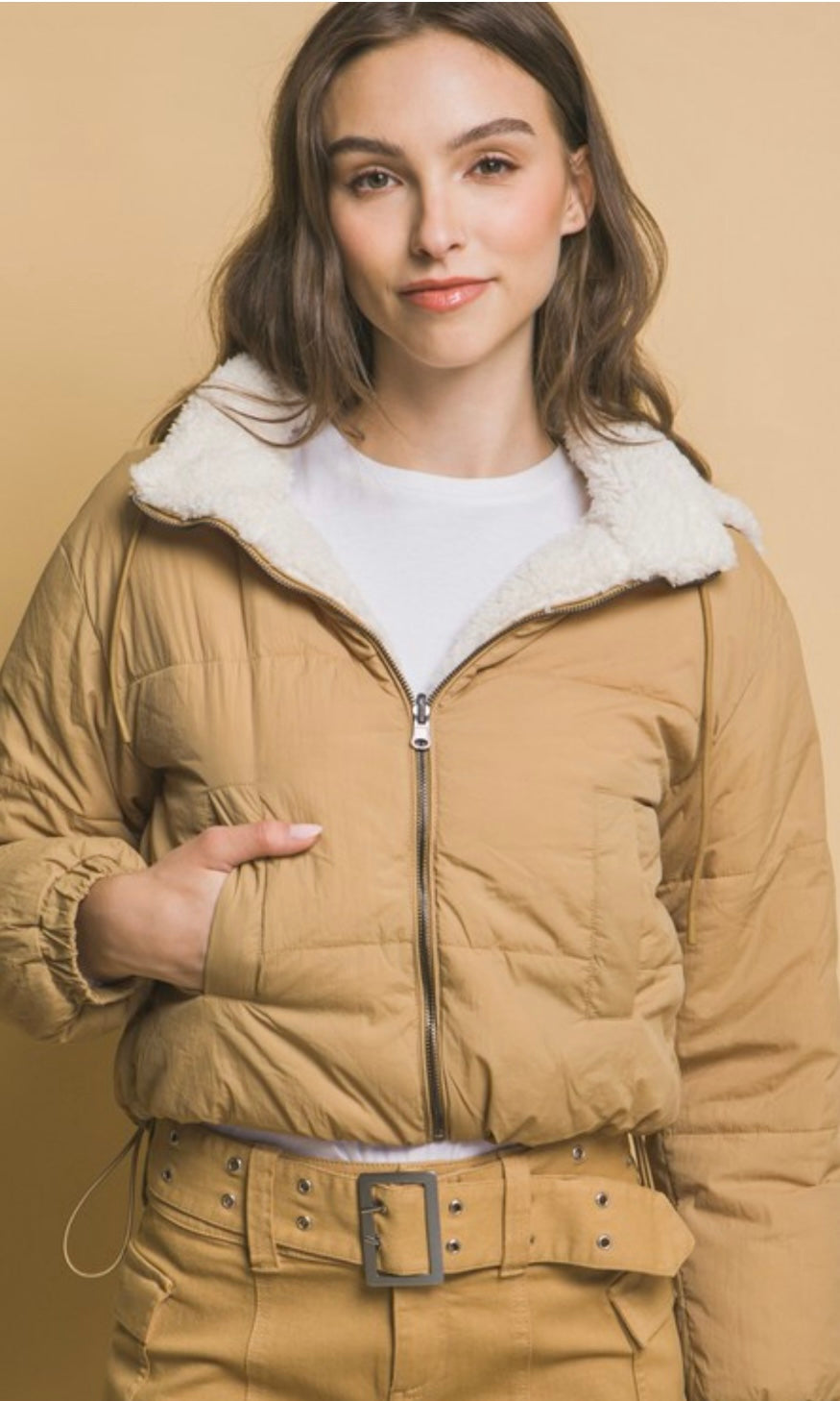 Andya Camel Reversible Fleece Side Pocket Coat Jacket