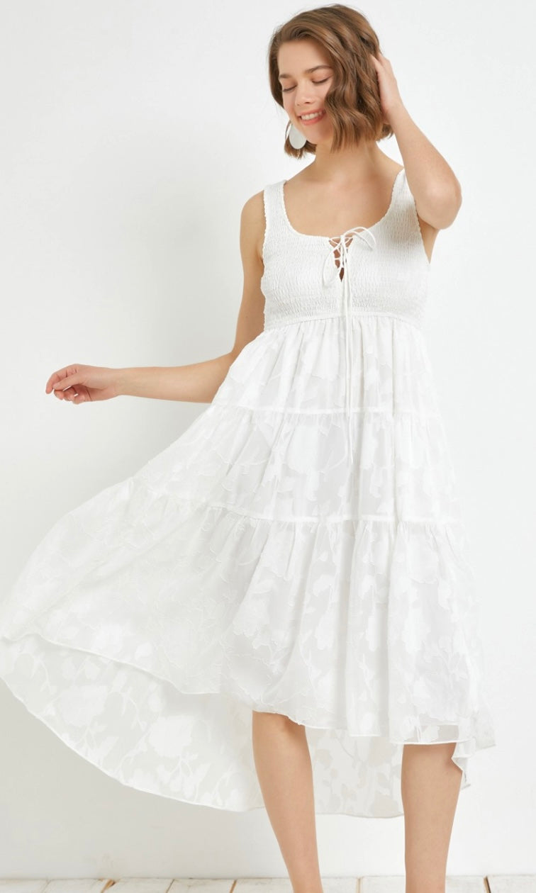 Acary-White Smocked Floral Texture Midi Dress
