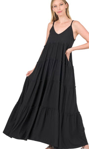 Asran Black Soft Jersey Knit Tiered Side-Pocket Maxi Dresses