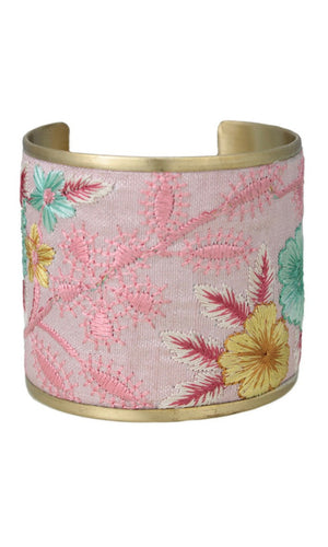 Bracelet Bazaar Pastel Pink Flower Embroidered Silver Cuff Bracelet