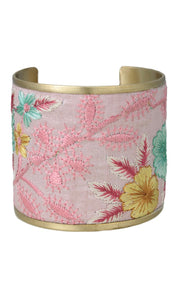 Bracelet Bazaar Pastel Pink Flower Embroidered Silver Cuff Bracelet