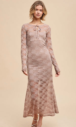 Abram Mushroom Taupe Allover Lace Slip Insert 2-Piece Maxi Dress
