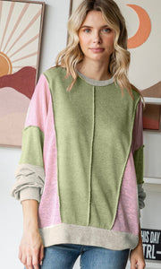 Carlia Avocado Honeycomb Knit Raw Edge Long Sleeve Top