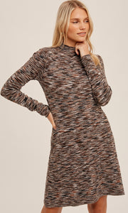 Amaran Black/Brown Turtleneck Pointelle Textured Fit & Flare Sweater Dress