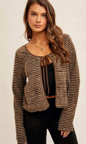 Allston Taupe & Black Eyelash Stripe Tie-Front Cardigan Sweater Top