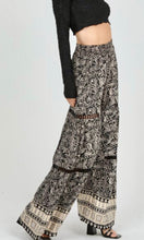 Asay Black Border Print Lace Inset Smocking Waist Wide Leg Pants